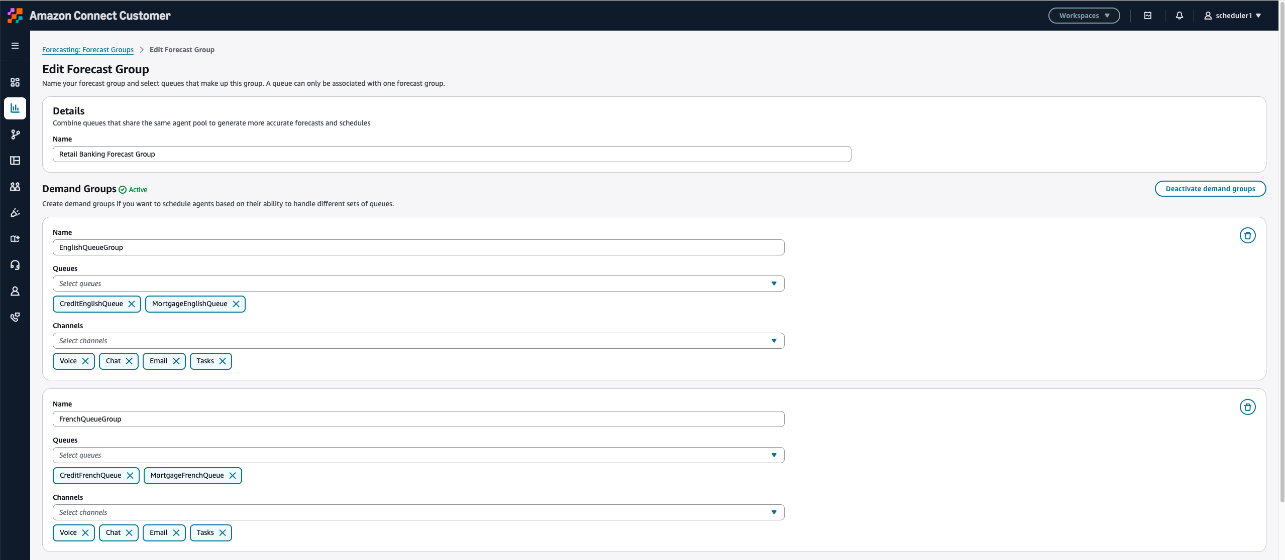 La pagina Edit Forecast Group mostra i gruppi di domanda con code e canali (Voice, Chat, Email, Tasks) assegnati a ciascun gruppo.