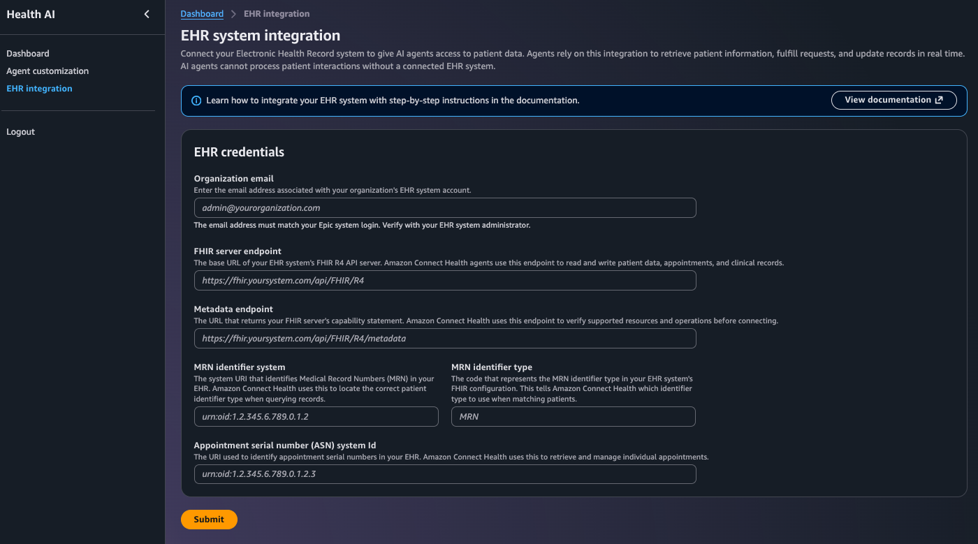 Integrazione EHR nell'applicazione Amazon Connect Health