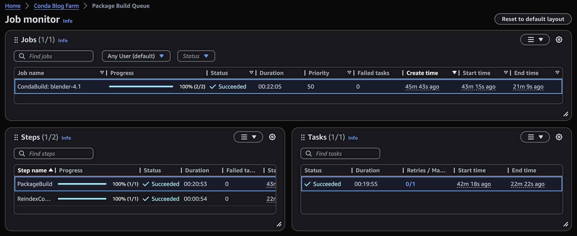 Il monitor Deadline Cloud mostra l'avanzamento e lo stato di un lavoro durante la creazione del Blender pacchetto.