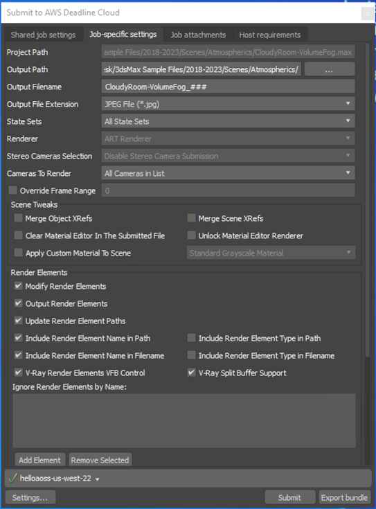 La scheda delle impostazioni specifiche del lavoro di Deadline Cloud submitter per 3ds Max, che mostra i percorsi del progetto e dell'output, il renderer, i tweak delle scene e le opzioni degli elementi di rendering.