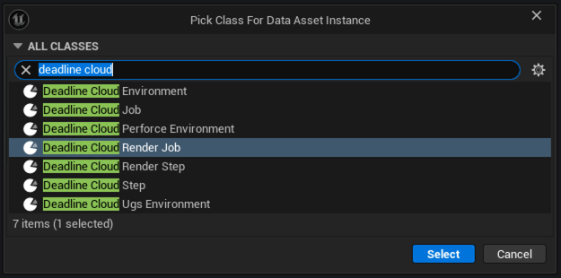 La finestra di dialogo Pick Class For Data Asset Instance è stata filtrata su «deadline cloud», con Deadline Cloud Render Job selezionato.