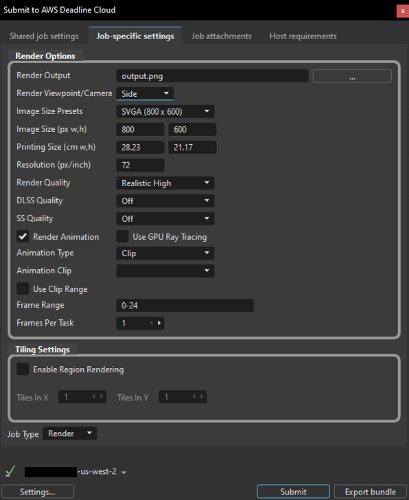 La finestra di dialogo Invia a Deadline Cloud che mostra la scheda Job-specific delle impostazioni con le opzioni di rendering VRED (output di rendering, rendering Viewpoint/Camera, dimensioni dell'immagine, dimensione di stampa, risoluzione, qualità di rendering, qualità DLSS, qualità SS, animazione di rendering, uso di ray tracing GPU, tipo di animazione, clip di animazione, clip di animazione, Usa intervallo clip, intervallo di fotogrammi, fotogrammi per attività), impostazioni di tiling (abilita il rendering della regione, riquadri in X, riquadri in Y) e il tipo di lavoro selettore.