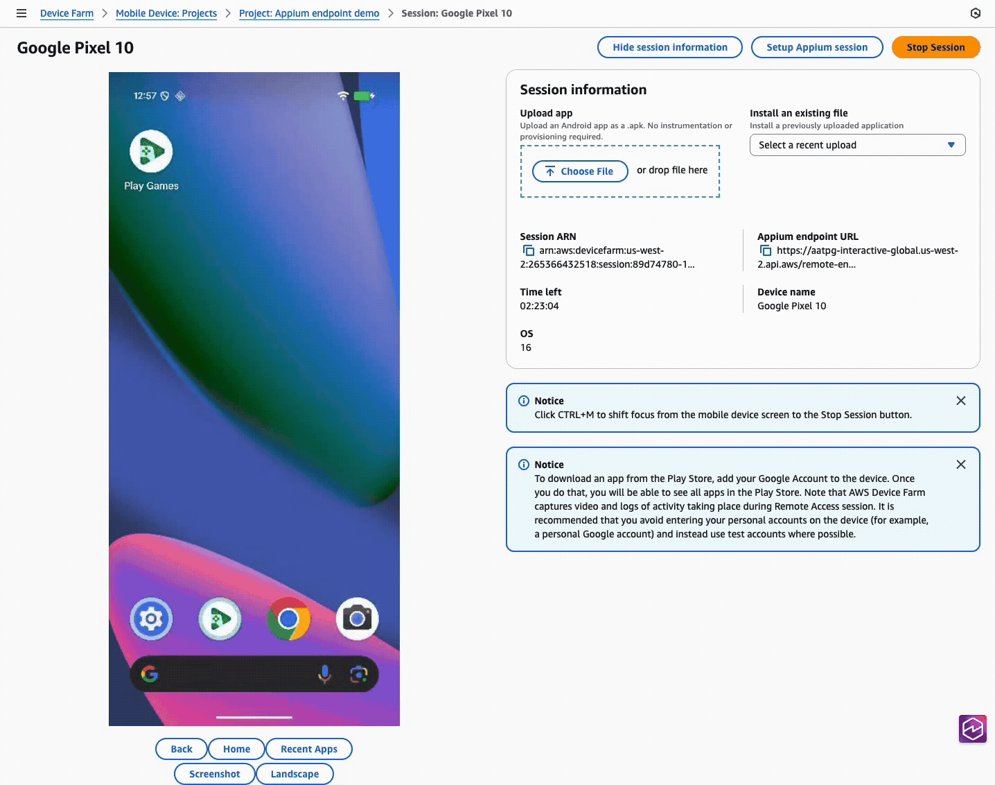 I log del server Appium vengono visualizzati all'inizio della sessione Appium