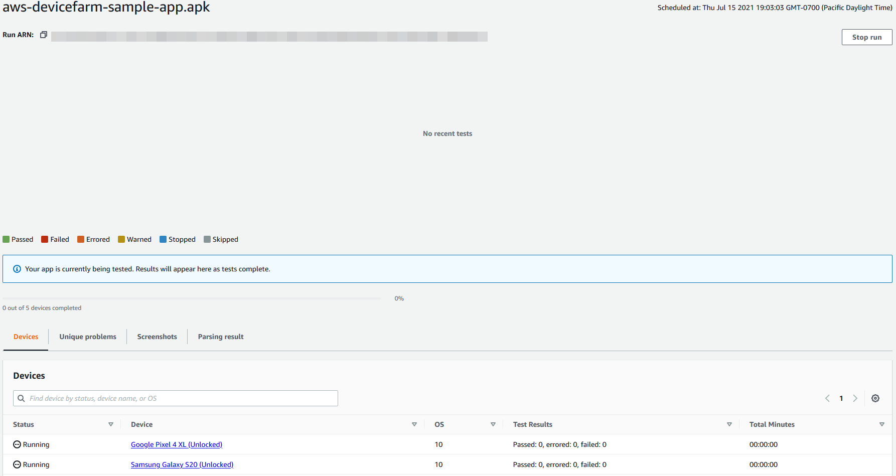 Device Farm: arrestare una sessione di test