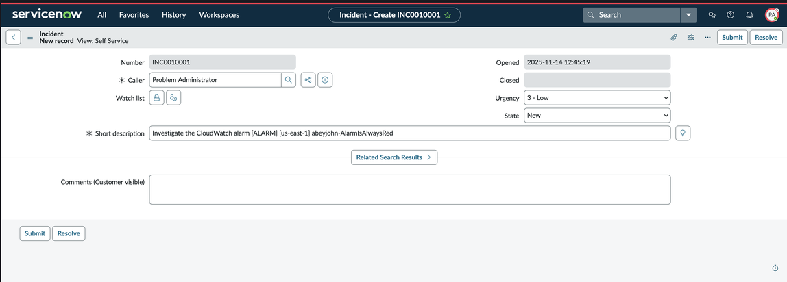 ServiceNow modulo di incidente che mostra il numero INC0010001 con chiamante Problem Administrator.