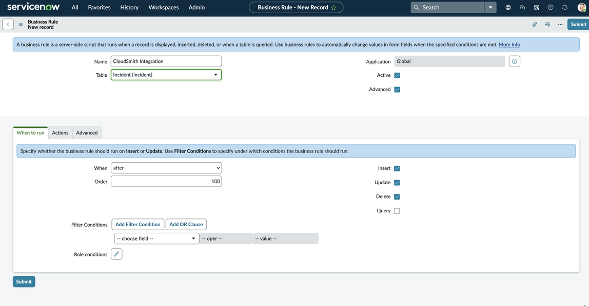 Modulo di regole aziendali per CloudSmith l'integrazione nella tabella degli incidenti.