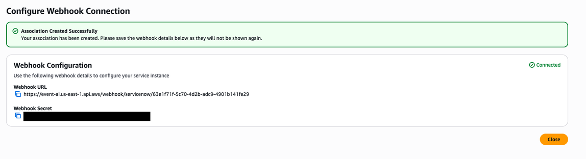 Pannello di configurazione del webhook che mostra lo stato della connessione e l'URL del webhook.