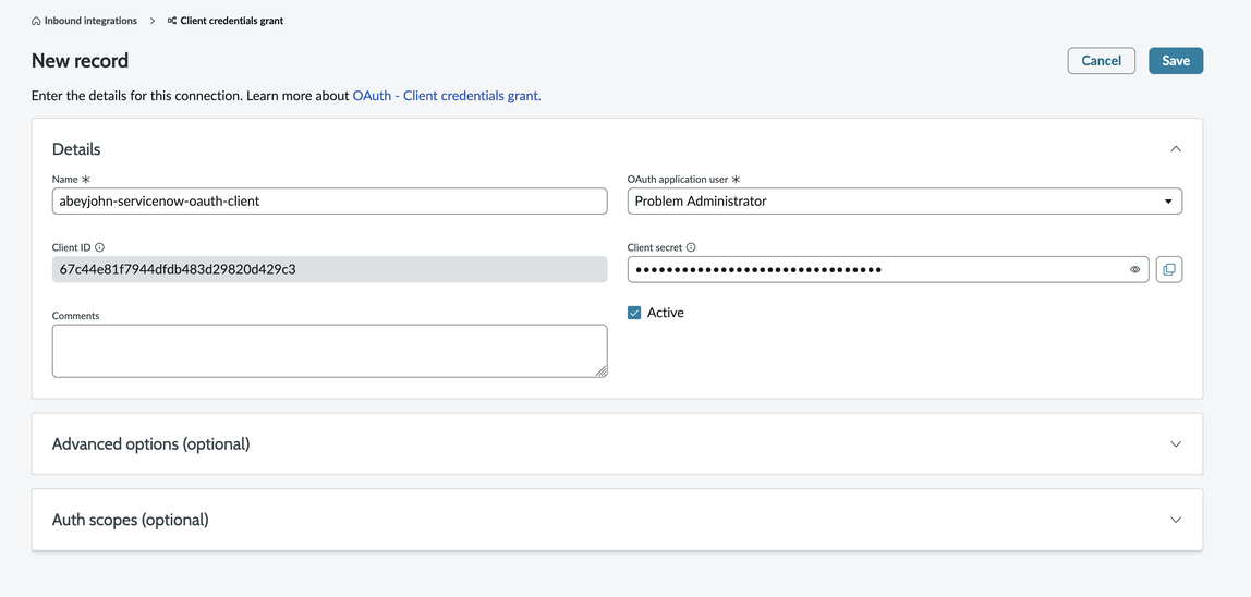 Nuovo modulo di registrazione per le credenziali del client OAuth con campi per nome, ID cliente e segreto.
