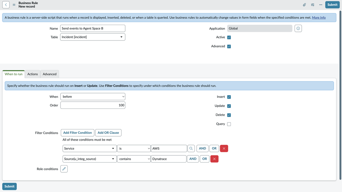 Modulo di configurazione delle regole aziendali per l'invio di eventi a Agent Space B.