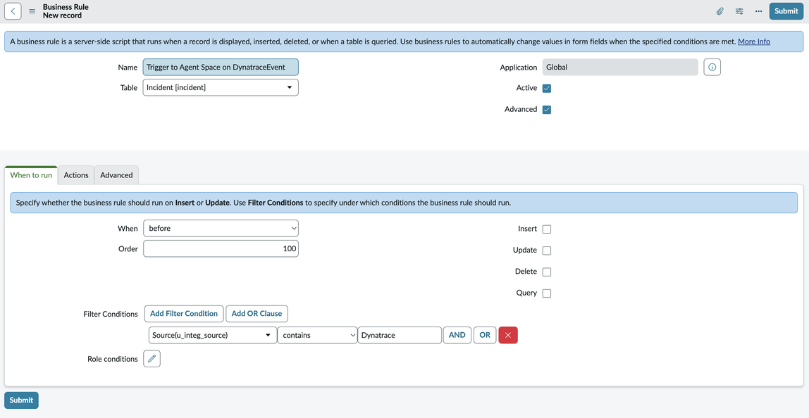 Quando eseguire tab with before trigger and filter for Source contains Dynatrace.