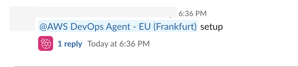 Un messaggio Slack che invia il comando di configurazione all'app AWS DevOps Agent.