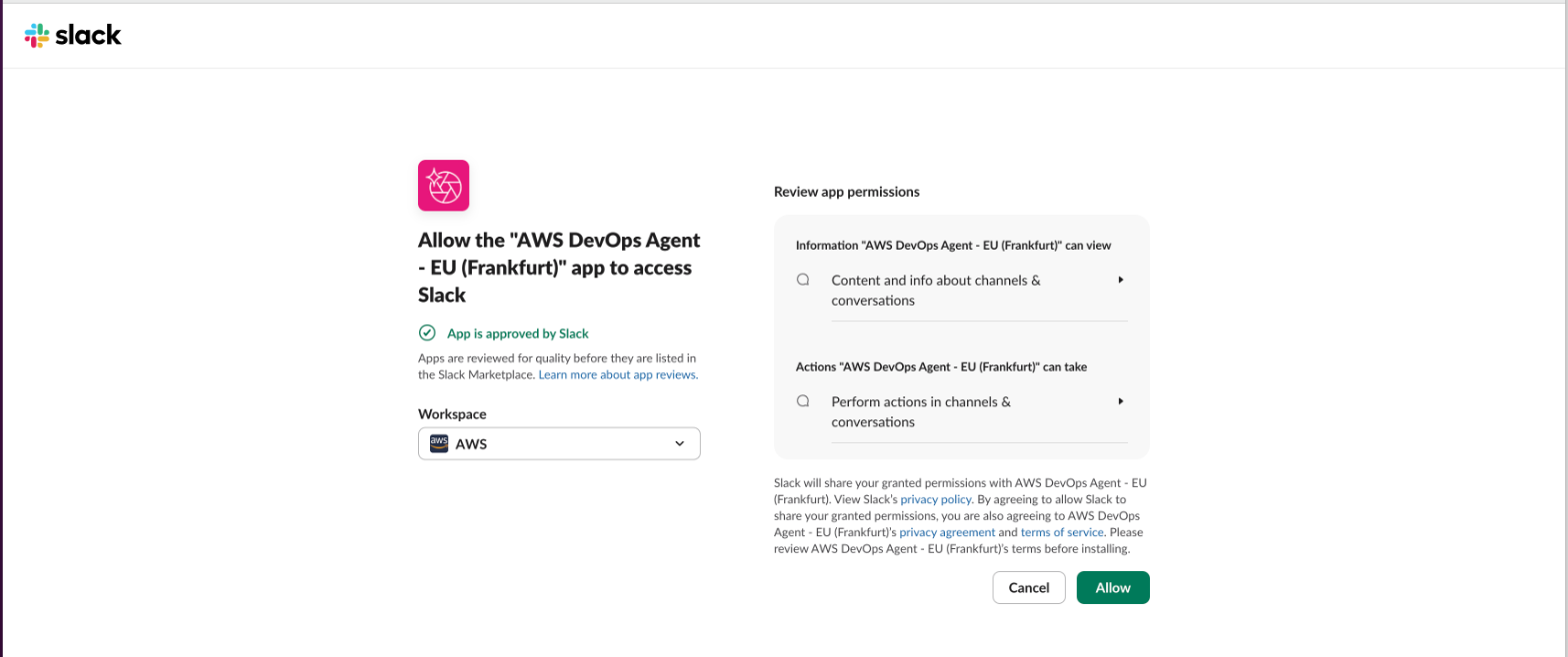 Pagina di autorizzazione Slack che mostra il selettore dell'area di lavoro, le autorizzazioni richieste e il pulsante Consenti.