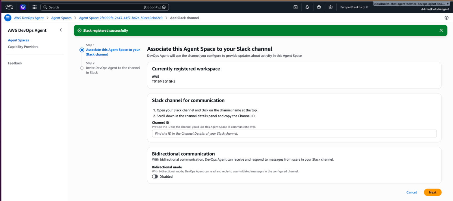 Associa questo Agent Space alla pagina del tuo canale Slack che mostra il campo Channel ID e la sezione Comunicazione bidirezionale.