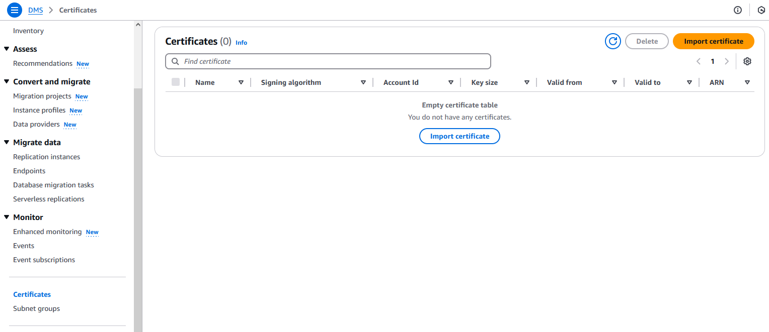 AWS Database Migration Service Gestione dei certificati SSL