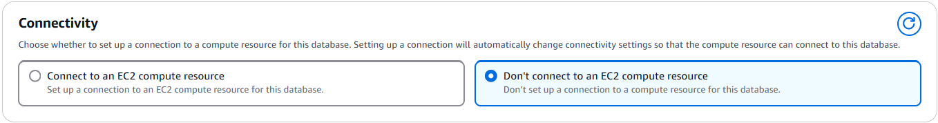 Impostazioni di connettività per il database con opzioni per connettersi o non connettersi a una risorsa di calcolo EC2.