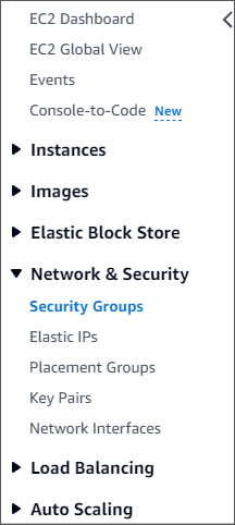 Pannello di navigazione della console Amazon DocumentDB con l'opzione Gruppi di sicurezza selezionata nel menu a discesa Rete e sicurezza.