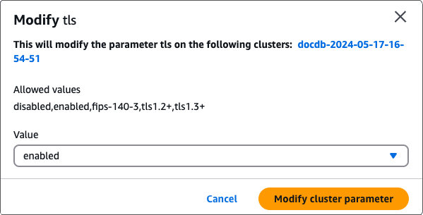 Immagine di una finestra di dialogo Modifica TLS specifica del cluster.