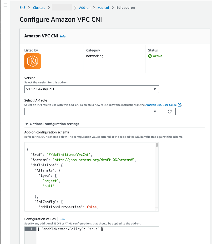 <shared id="consolelong"/>mostrando il componente aggiuntivo VPC CNI con policy di rete nella configurazione opzionale.