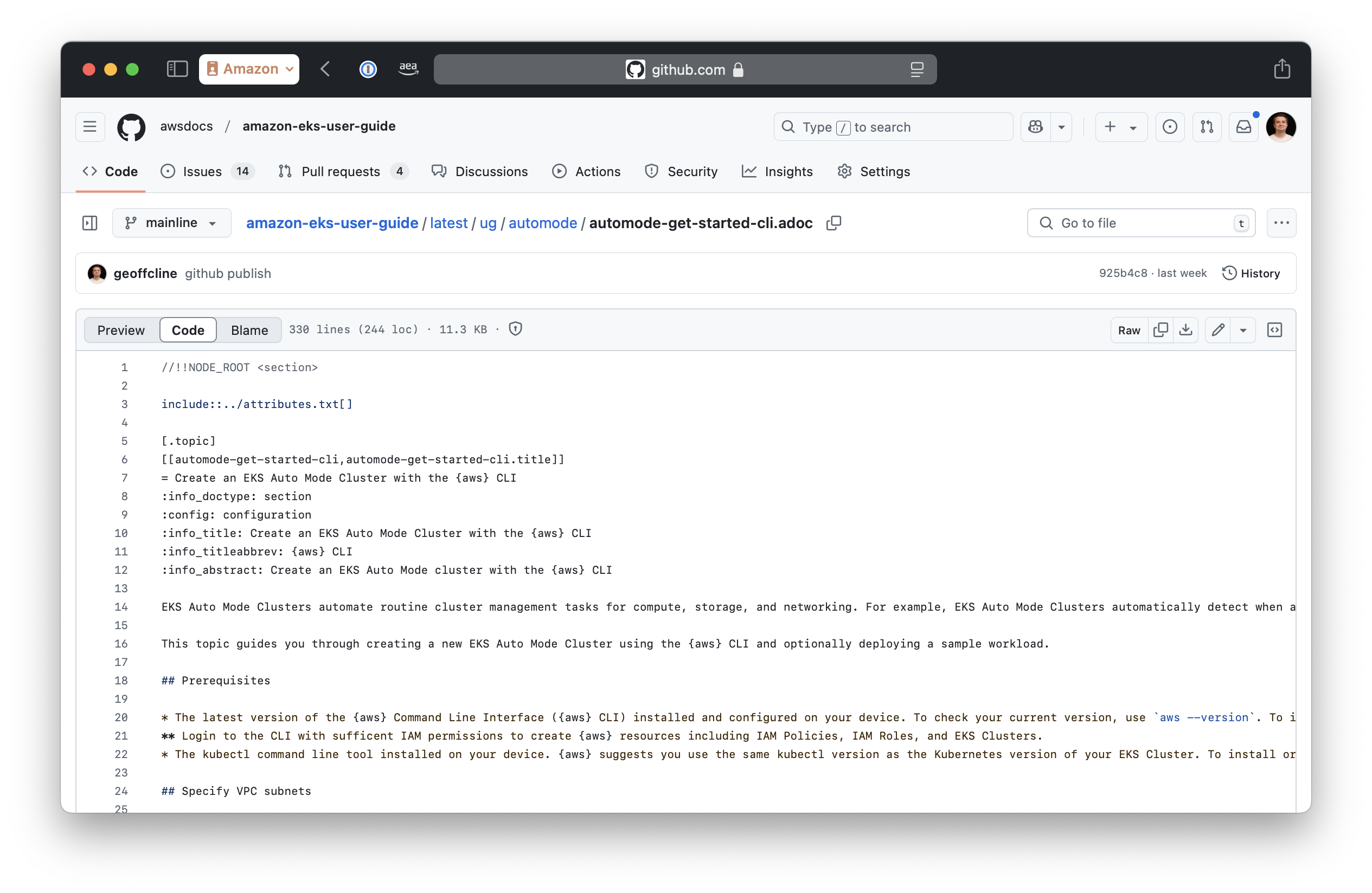 Vista dell’interfaccia di modifica web di GitHub