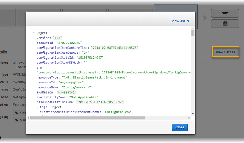 AWS Config pagina dei dettagli delle risorse che mostra i dettagli di configurazione per un ambiente Elastic Beanstalk