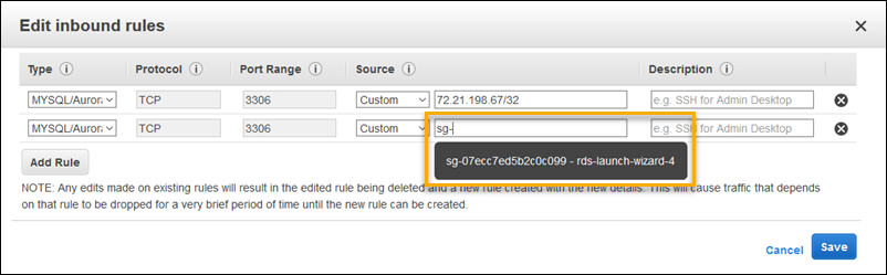 Immagine della schermata per modificare le regole in entrata per un gruppo di sicurezza nella EC2 console Amazon.