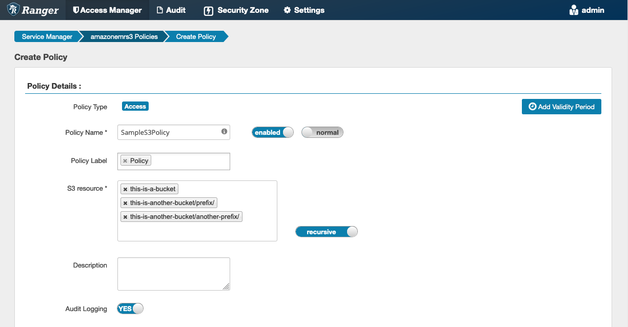 Il server Admin Ranger crea la policy per il servizio EMRFS S3.