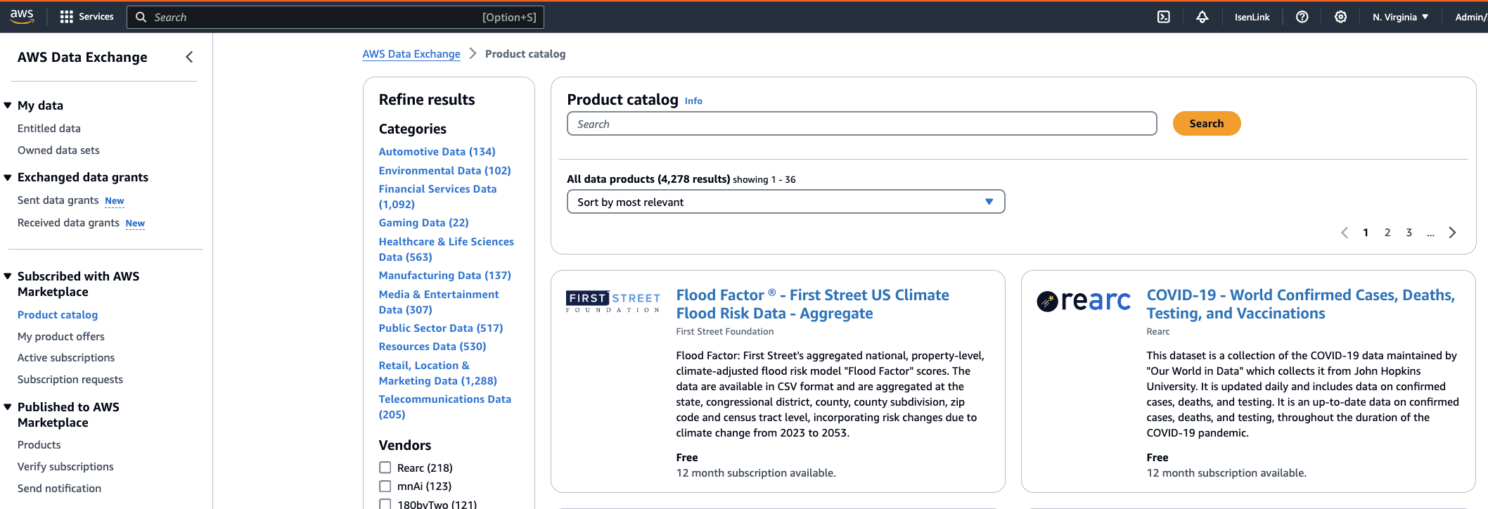 An example of a published product in the AWS Data Exchange Product Catalog.