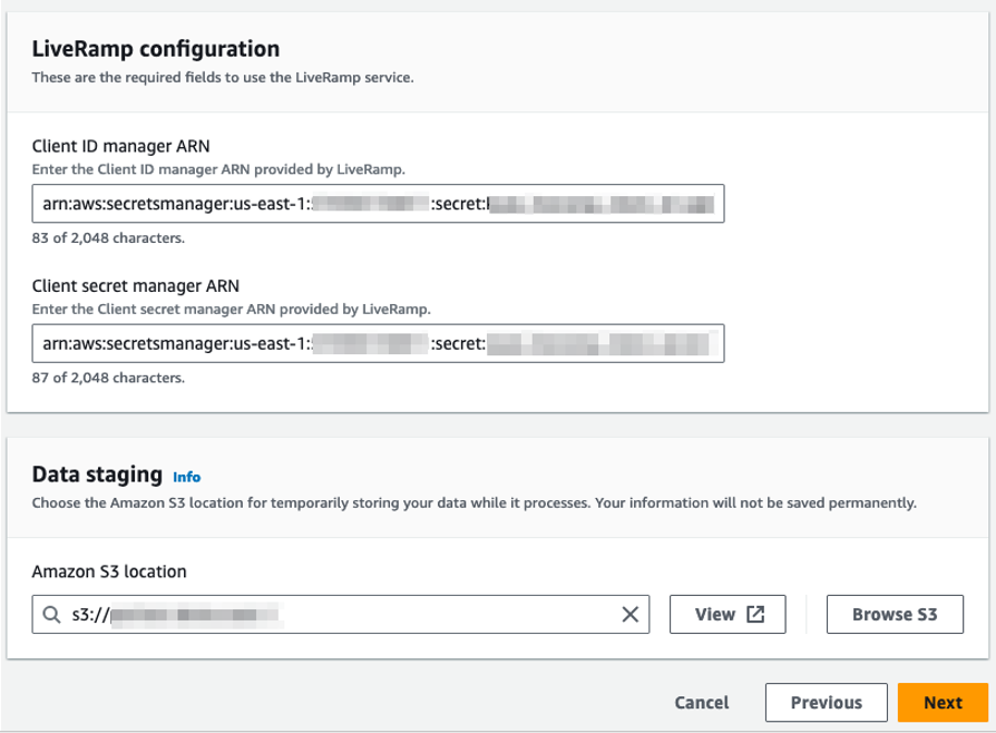 LiveRamp modulo di configurazione con campi per Client ID manager ARN e Client secret manager ARN.