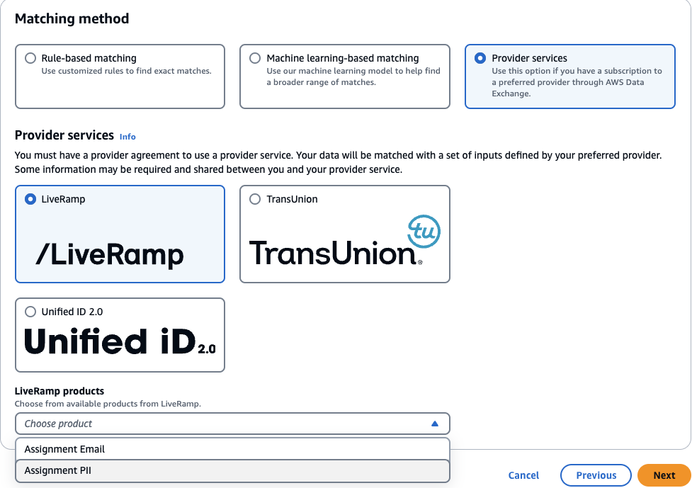 Opzioni di servizi del fornitore con il servizio del LiveRamp provider selezionato.