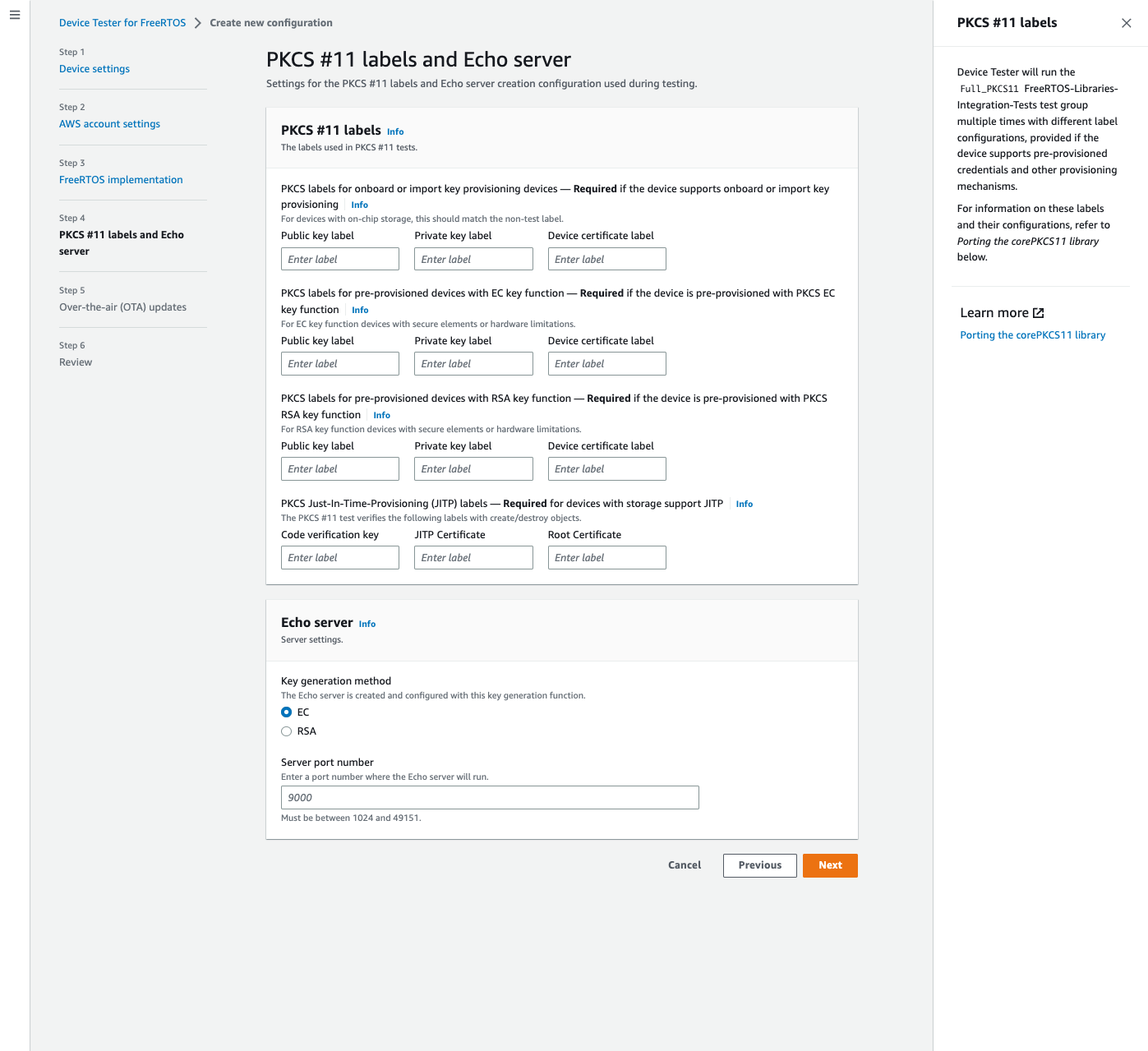 Etichette PKCS #11 e configurazioni del server Echo con campi di input per le etichette delle chiavi, il metodo di generazione delle chiavi e il numero di porta del server