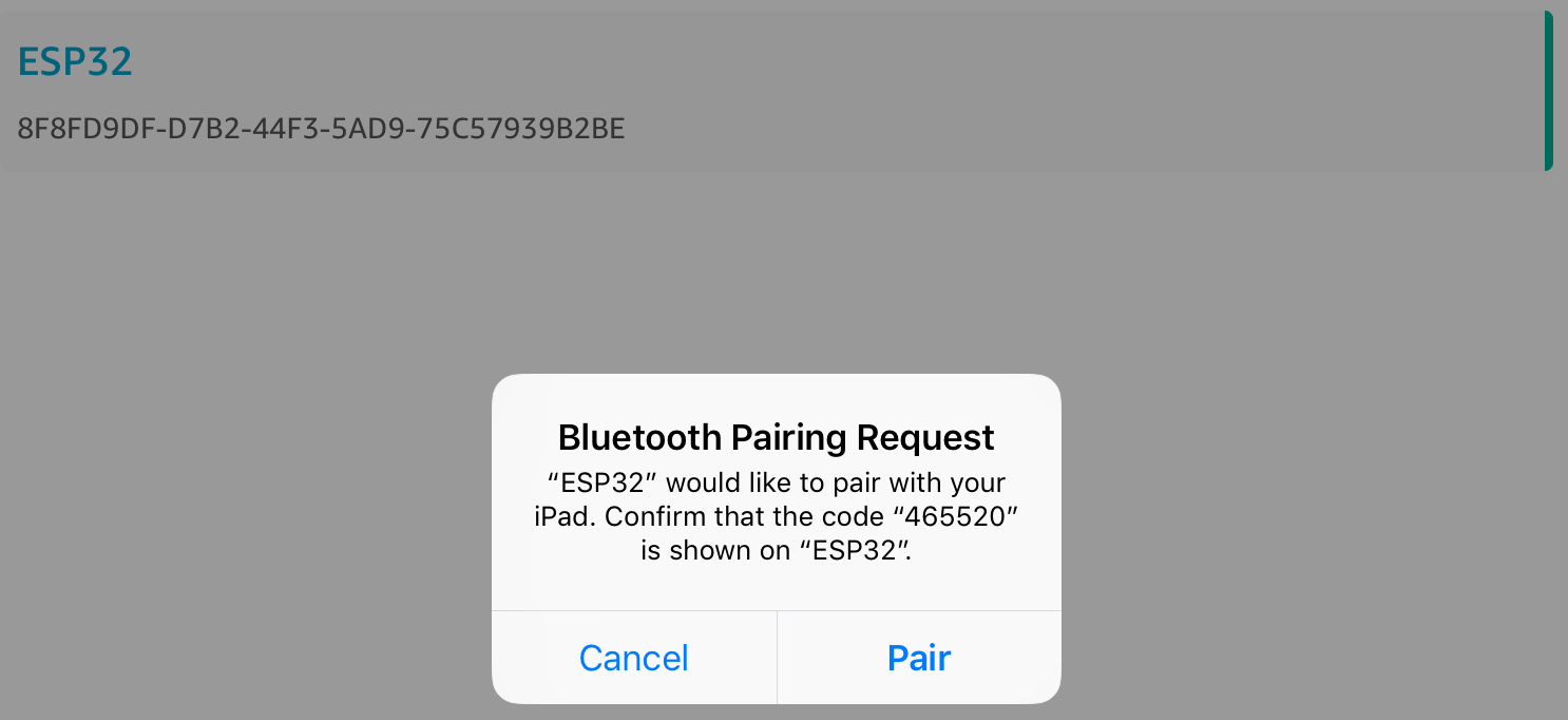 Finestra di dialogo di richiesta di associazione Bluetooth per il dispositivo "" che mostra il codice «ESP32465520" da confermare su"». ESP32
