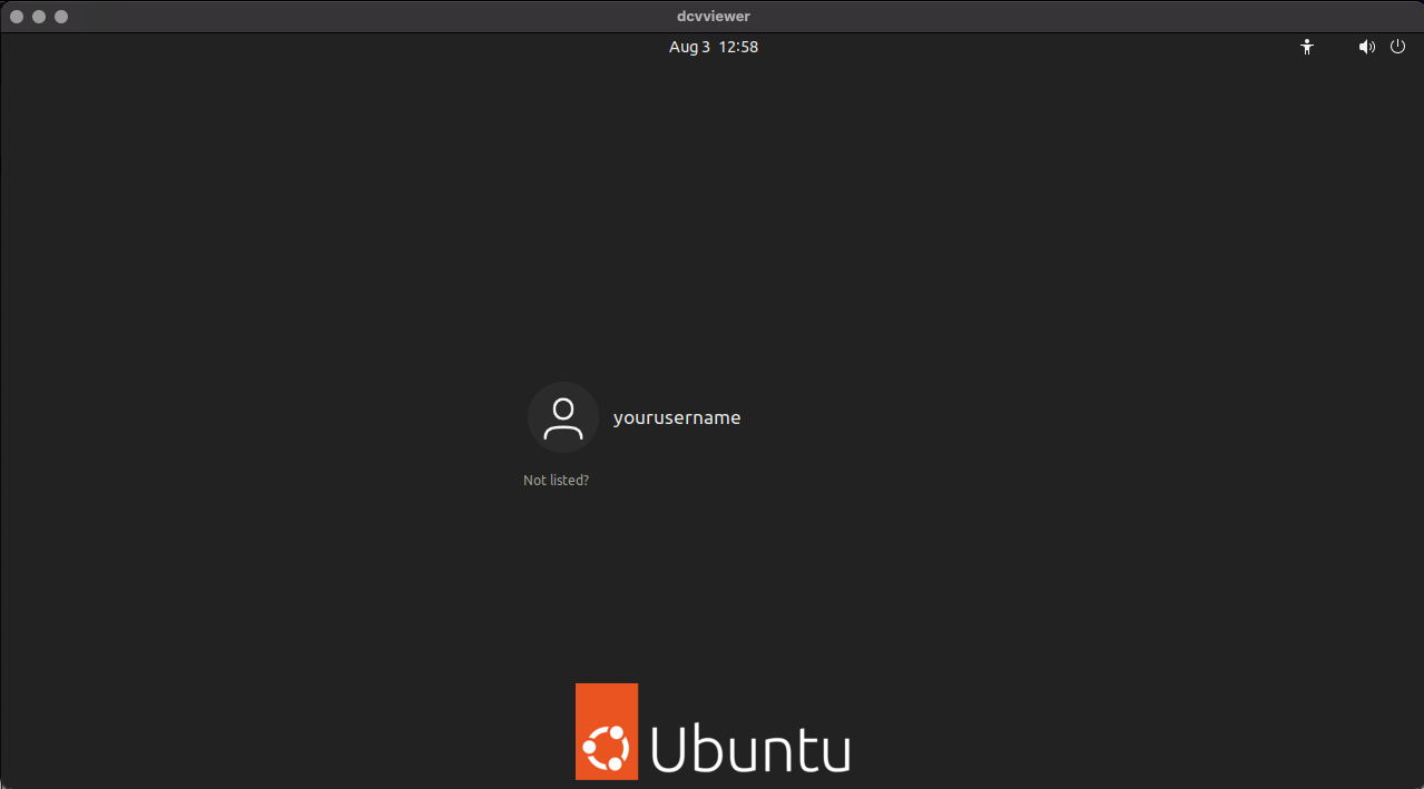 Quando avvii un client Amazon DCV, viene visualizzata una finestra che ti consente di accedere all'istanza di Ubuntu tramite un display visivo.