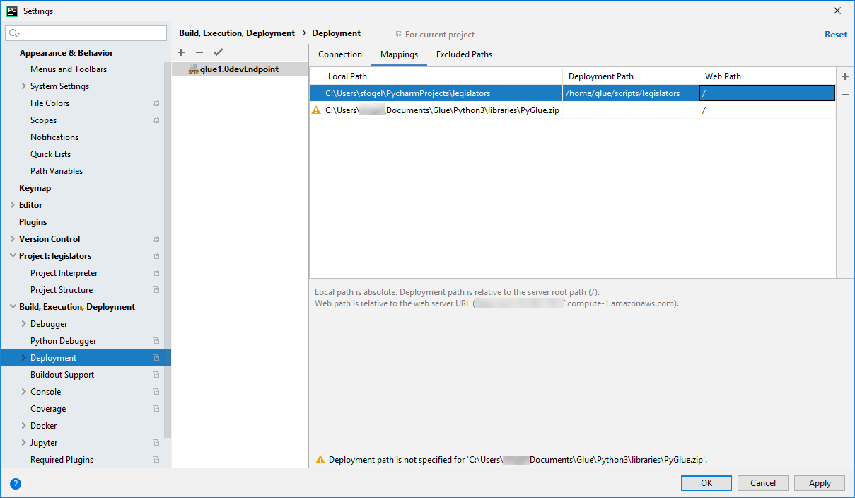 La schermata PyCharm Impostazioni dopo una mappatura della distribuzione.