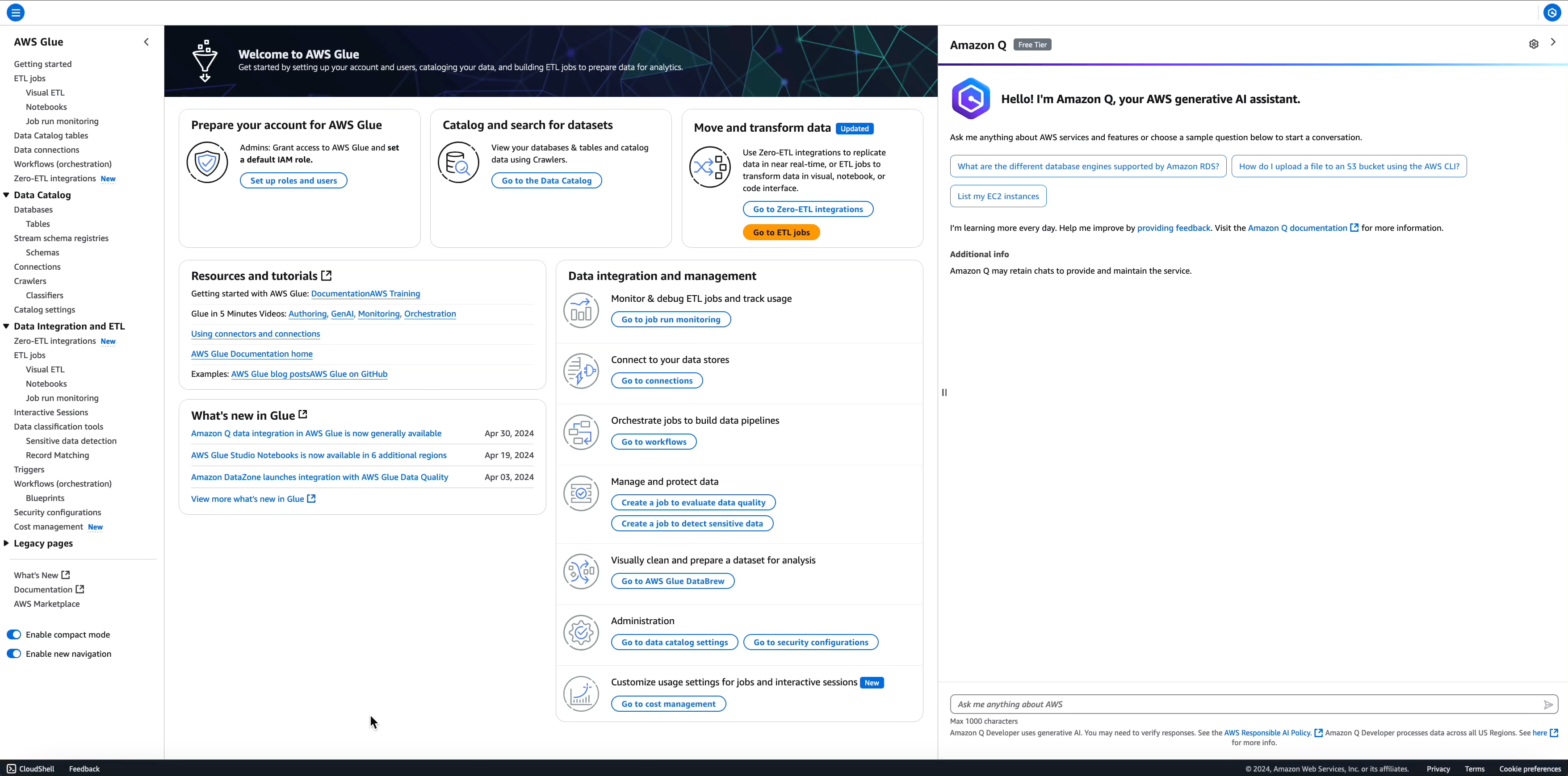 Un esempio di richiesta dell'integrazione dei dati di Amazon Q in AWS Glue per uno script ETL generato.