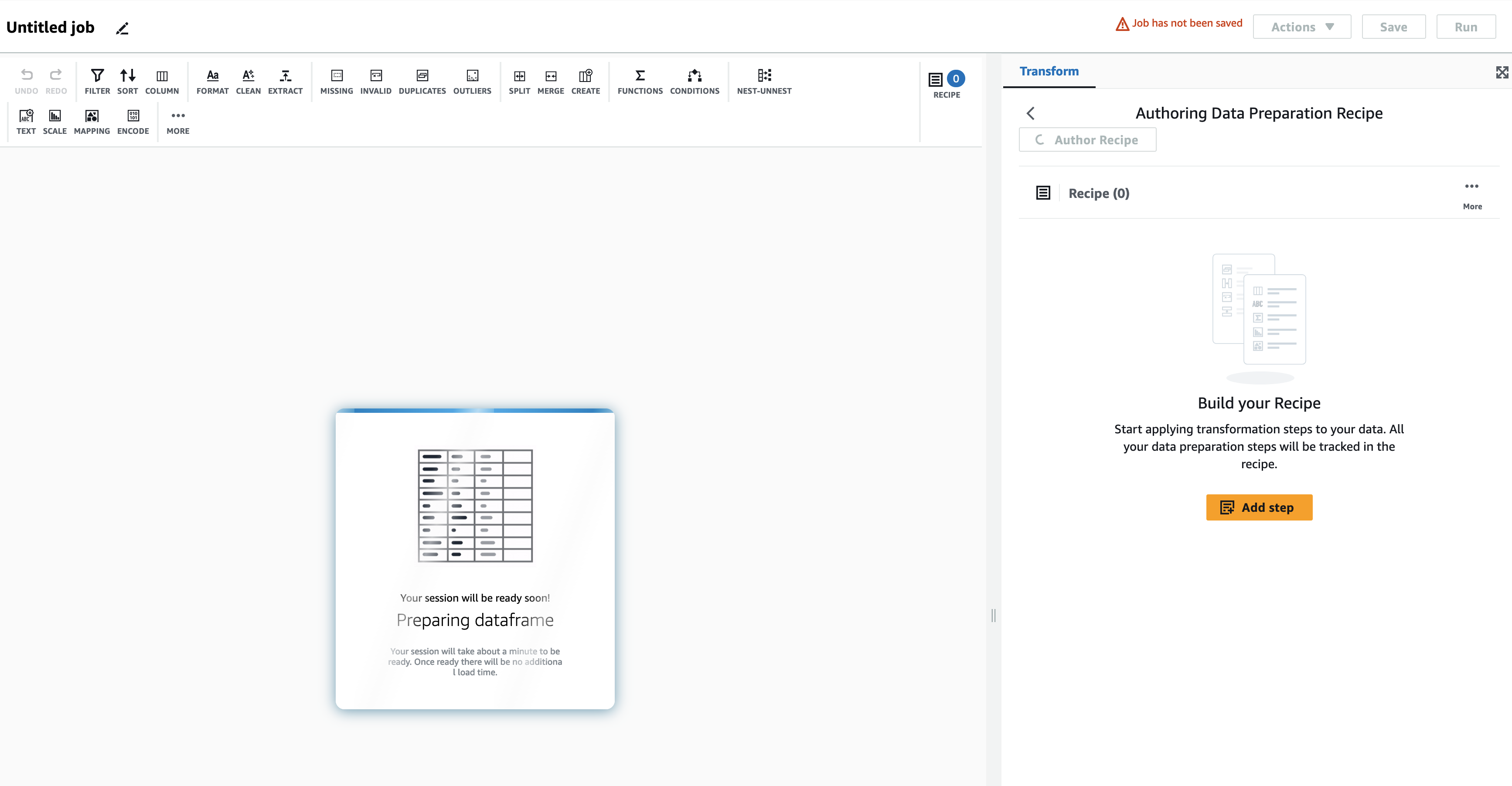 Lo screenshot mostra il caricamento del frame dei dati dopo l'aggiunta della ricetta per la preparazione dei dati.