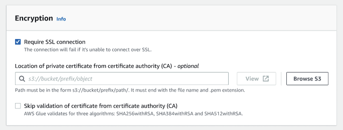 Lo screenshot mostra le opzioni per la configurazione della crittografia, tra cui se richiedere o meno la connessione SSL, l'opzione per selezionare la posizione del certificato privato dall'autorità di certificazione (CA) e l'opzione per saltare la convalida del certificato dall'autorità di certificazione (CA).
