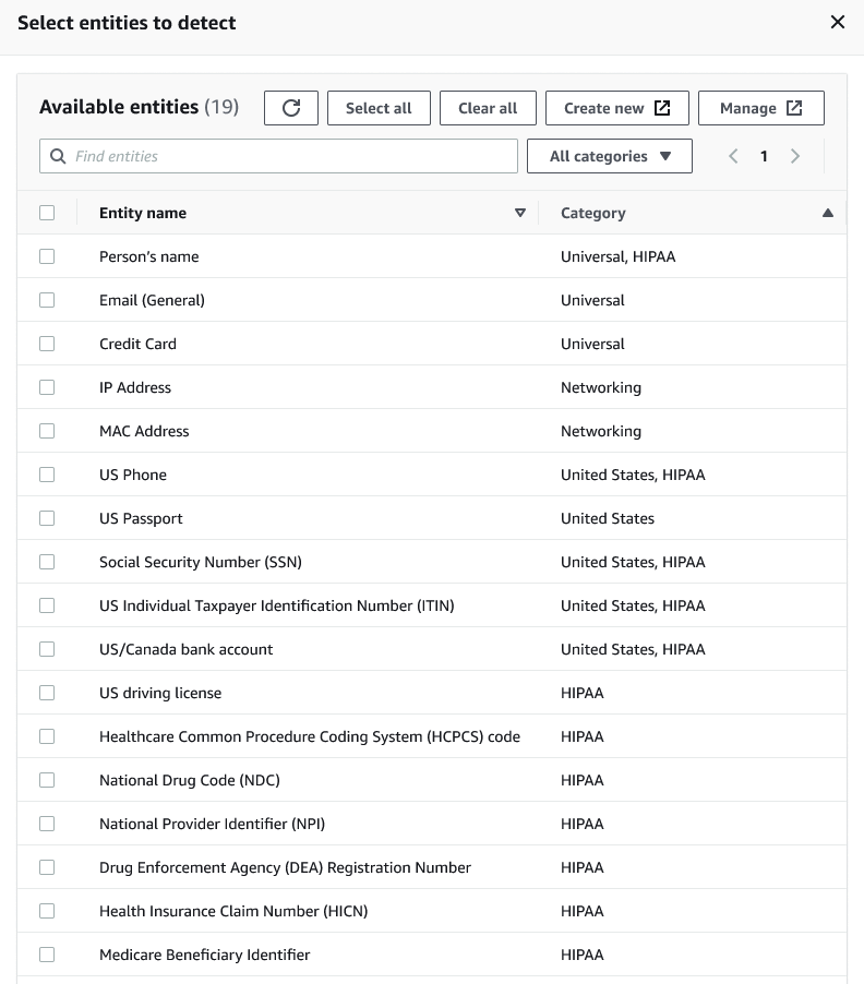 La schermata mostra le opzioni nell'elenco delle entità predefinite AWS .