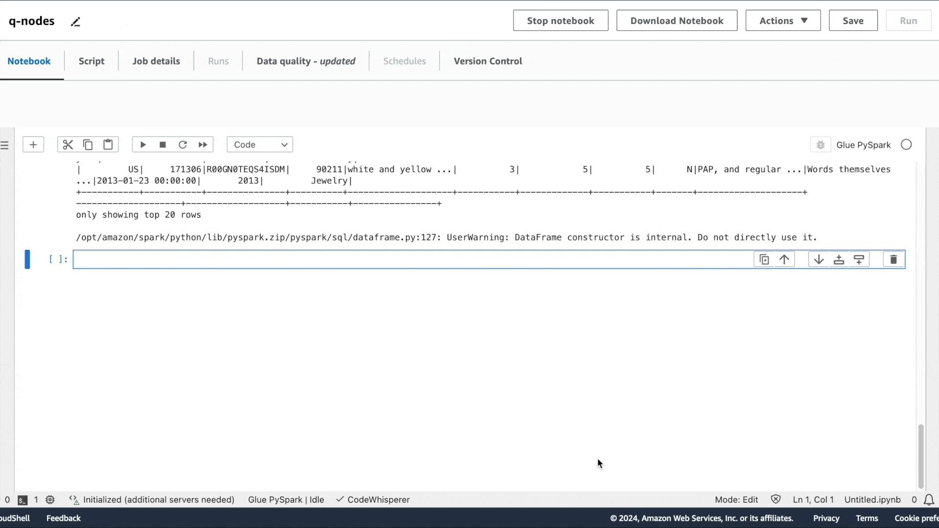 Un esempio di utilizzo di un notebook AWS Glue Studio per richiedere l'integrazione dei dati di Amazon Q AWS Glue per uno script ETL generato.