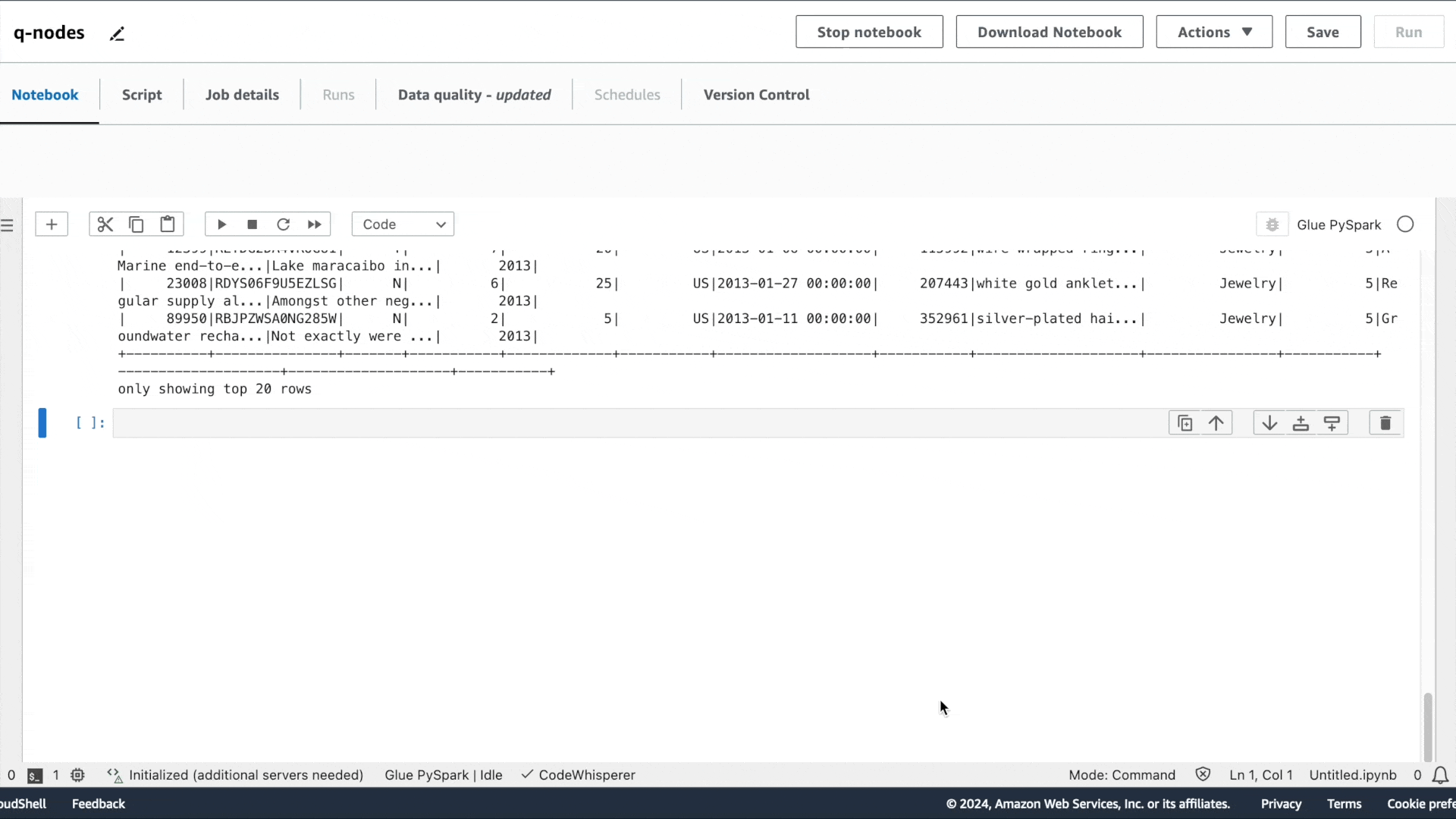 Un esempio di utilizzo di un notebook AWS Glue Studio per richiedere l'integrazione dei dati di Amazon Q AWS Glue per uno script ETL generato.