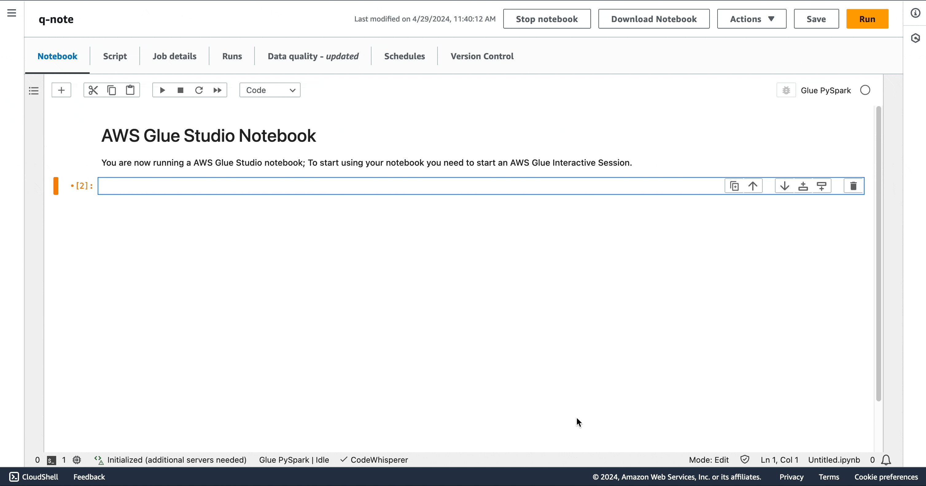 Un esempio di utilizzo di un notebook AWS Glue Studio per richiedere l'integrazione dei dati di Amazon Q AWS Glue per uno script ETL generato.