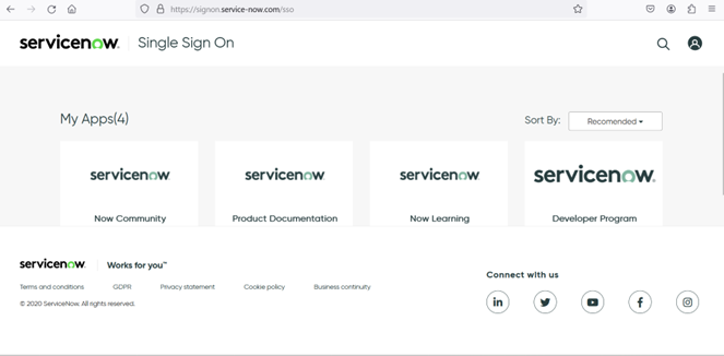 La schermata mostra l'accesso al programma per ServiceNow sviluppatori.