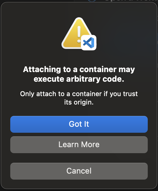 Una finestra di avviso con il messaggio "Il collegamento a un container potrebbe eseguire codice arbitrario".