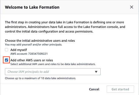 Immagine di una finestra di dialogo che chiede di definire un amministratore di Lake Formation