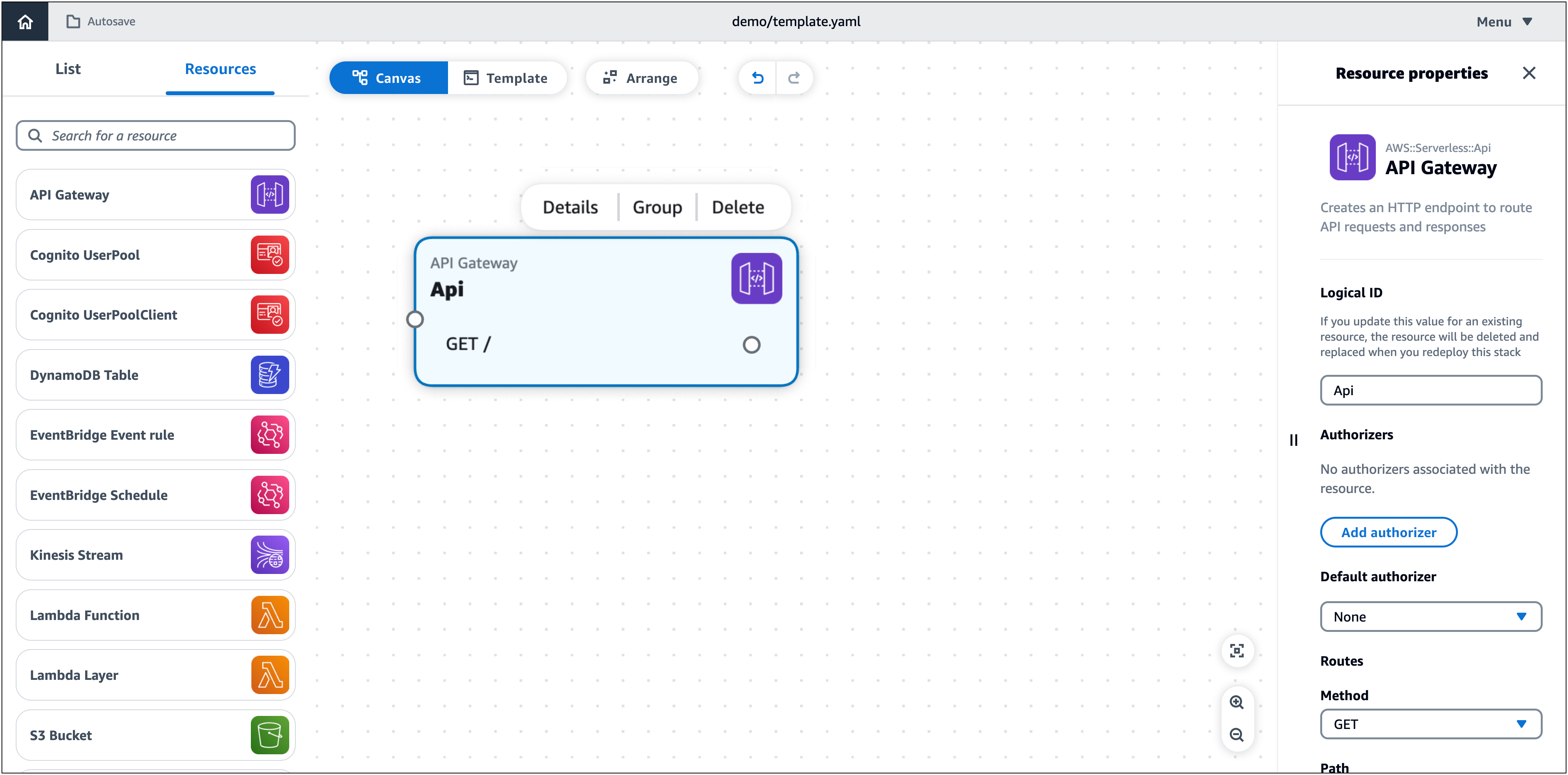 Una risorsa API Gateway sull'area di lavoro con il pannello delle proprietà della risorsa aperto.