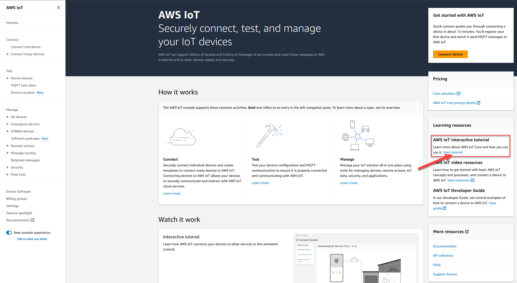 Questa è la home page della AWS IoT console.