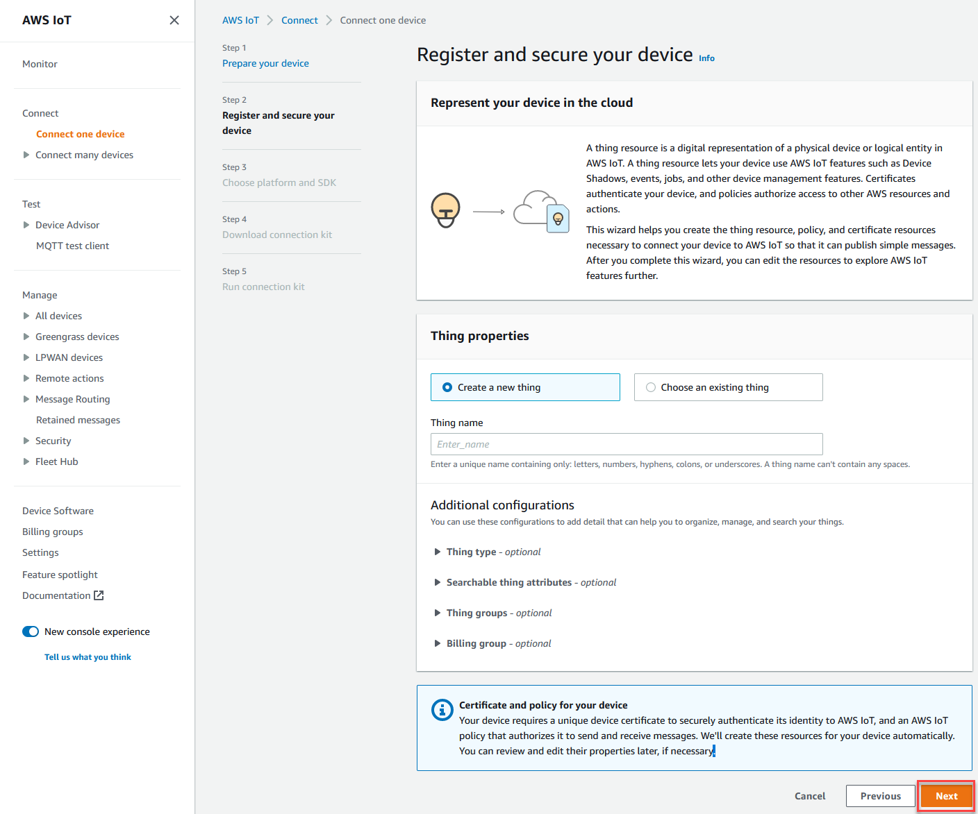 Usa la AWS IoT console per registrare e proteggere il tuo dispositivo.
