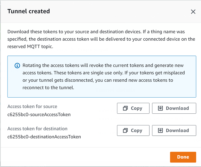 Token di accesso all'origine e alla destinazione per creare una connessione sicura al tunnel, con istruzioni su come ruotare e inviare nuovamente i token, se necessario.