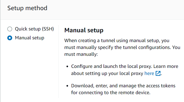 Due opzioni per configurare una connessione al tunnel: configurazione rapida (SSH) o configurazione manuale, che richiede la configurazione di un proxy locale e la gestione dei token di accesso.