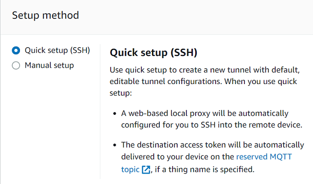 sezione relativa al metodo di configurazione con opzioni per la configurazione rapida tramite SSH o la configurazione manuale, in cui viene illustrata la configurazione rapida che configura automaticamente il proxy e il token di accesso.