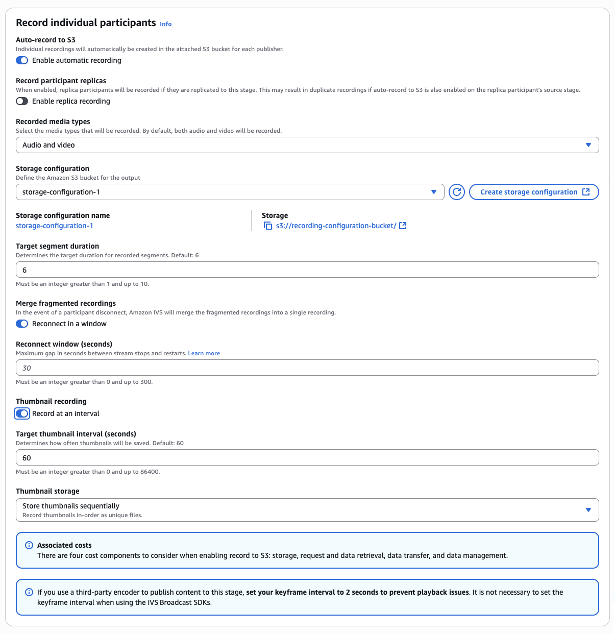 Creare una fase utilizzando la console IVS: abilitare opzioni avanzate come la registrazione delle miniature e l'unione di IPR.